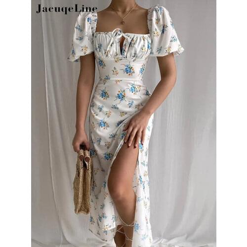 Kefira 2021 Off Shoulder Print Floral Sexy Dress Women Vintage Elegant High Split Sundress Ruched Drawstring Casual Maxi Dresses