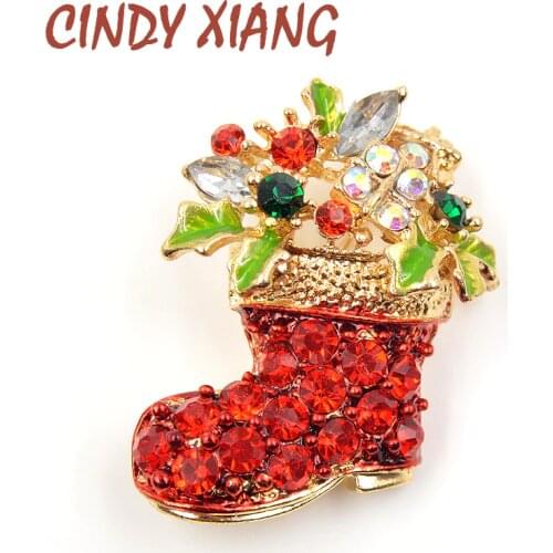 CINDY XIANG Rhinestone Boots Brooches Pins for Women Cute Red Color Christmas Shoes Brooch Coat Backpack Broches Fashion Jewelry