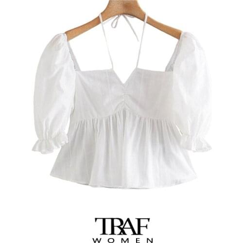 TRAF Za Women Sweet Fashion With Tie Ruffled White Crop Blouses Vintage Backless Short Sleeve Female Shirts Chic Tops