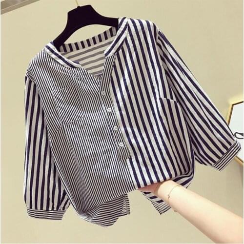 Women 2021New Striped V-Neck Blouses Shirts Casual Tops Work Wear Shirt Plus Size Blusas Mujer De Moda A131