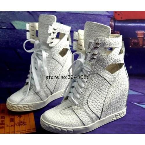 White Crocodile Leather Women Lace Up Ankle Boots Spring Autumn Casual Shoes Height Increasing High Platform Woman Short Boots