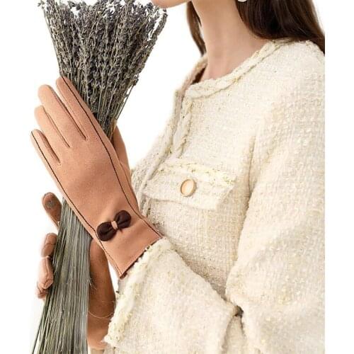 Women Winter Keep Warm Touch Screen Suede Non-Slip Wearable Outdoor Cycling Drive Thicken Plus Velvet Elegant Bow Soft Gloves