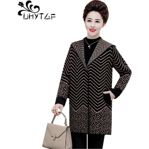 UHYTGF 6XL plus size coat female quality double cashmere spring autumn trench coat fashion striped hooded Windbreaker womens 545