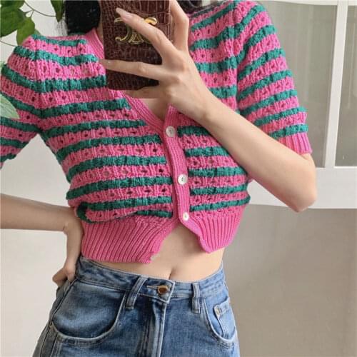 2021 Womens Knit Cardigan Thin Fahsion Button Down Tops Elegant Short Sleeve V Neck Striped Print Knit Clothes