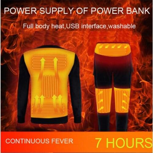 Winter Heated Underwear Fleece Lined Heating Thermal Underwear Set USB Electric Heated T-Shirts & Pants Battery Powered Ski Wear