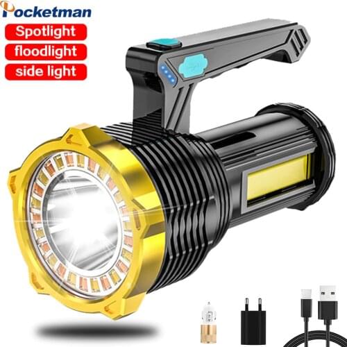 200W High Power Led Spotlight Floodlight Searchlight 3 in 1 With Side Light Power Display 8 Lighting Modes Portable Flashlight