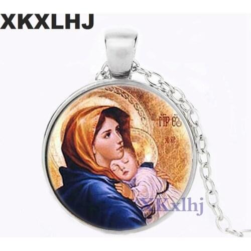 Virgin Mary with Children Pendant Necklace Glass Print Jewelry Mothers Baby Jesus Christ Christian Catholic Religion Madonna