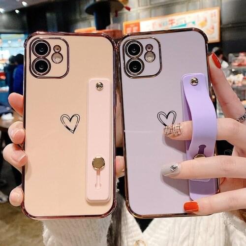 Electroplated Love Heart Wrist Strap Phone Case For iPhone 12Pro Max 11 XR XS Max X 7 8 Plus 12Mini 11 12 Wristband Back Cover