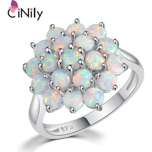 CiNily Luxe White Round Fire Opal Stone Rings Silver Plated Flower Bloom Plant Big Ring Wedding Party Jewelry Gifts Women Girls