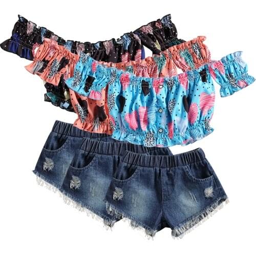 FOCUSNORM Valentines Days 1-5Y Summer Kids Girls Clothes Sets 2pcs LOVE Heart Print Off Shoulder T Shirts Denim Shorts