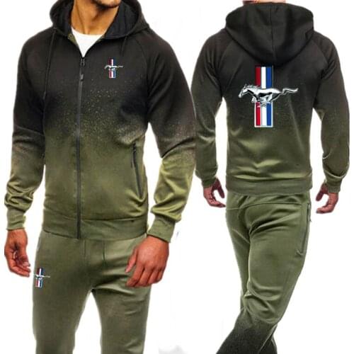Men Clothing Set Sportswear Autumn Hoodies Zipper Sweatshirts Sporting Sets Ford Mustang Print Mens Tracksuits Hoodies+Pants