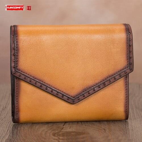 Leather Mini Purse Women Wallet Handmade Female Card Holder Short Wallets Zipper Coin Purses First Layer Cowhide Vintage 3 Fold