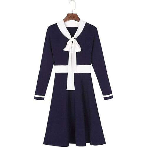 PERHAPS U Blue Navy Black Knitted Long Sleeve Bow Collar Mini Short Dress Winter Autumn Elegant D0838