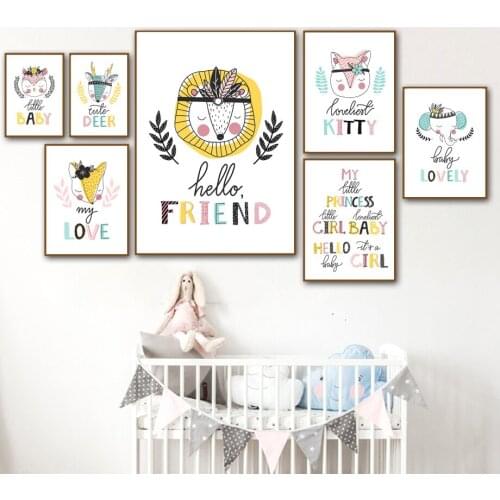 Cartoon Deer Lion Fox Elephant Feather Quotes Nordic Posters And Prints Wall Art Canvas Painting Wall Pictures Kids Room Decor