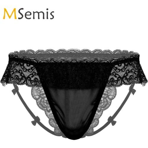 Mens Lingerie See-through Low Waist Sissy Underpants Floral Embroidery Lace Ruffles Briefs Bowknot Underwear for Valentines Day