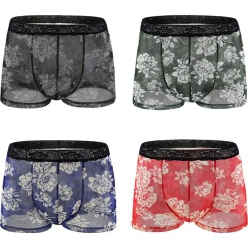Mens sexy underwear boxer shorts printed transparent lace U convex breathable color underwear temptation and quick-drying