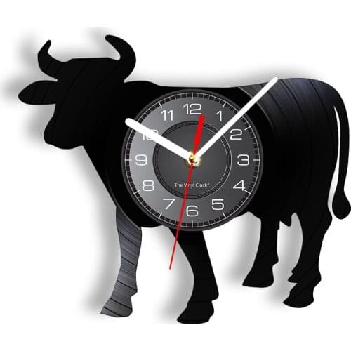 Cattle Silhouette Wall Clock Made Of Vinyl LP Record Ox Cow Herbivorous Animal Wall Watch With LED Backlight Black Hanging Decor
