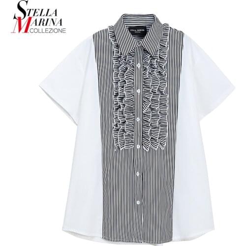 New 2021 Woman Summer Short-Sleeve Striped Patchwork Oversized Blouses With Ruffles Girls Cute Wear chemise femme Style 8469