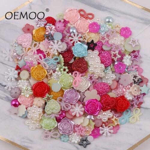 About 20g/lot Random Mix Design Mix Color Flower flat back pearl round,bow,flower for ornament multicolor