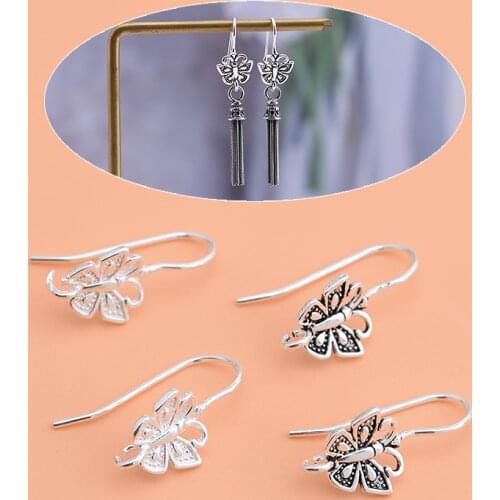 925 sterling silver DIY homemade earrings jewelry accessories retro butterfly opening ring hanging pendant ear hook accessories