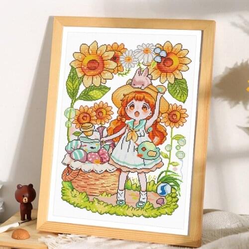 Вышивка крестом cross stitch printed canvas Cute girl in sunflower garden Modern home dining room room wall decoration