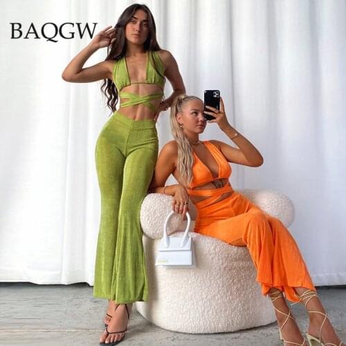 Summer New Womens Sexy V Neck Hollow Halter Vest Fashion Slim Flare Trousers Two Piece Set Y2k Girl Backless Bandages Outfits