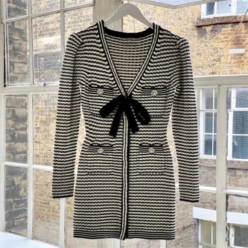 2021 New Arrive Black With White Stripes Knitted Women Dress Long Sleeve V Neck Lady Mini Dress