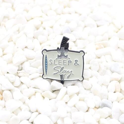 Creepy "SLEEP & slay" dagger through bed enamel brooch Personalized creative denim leather badge Gothic style pin