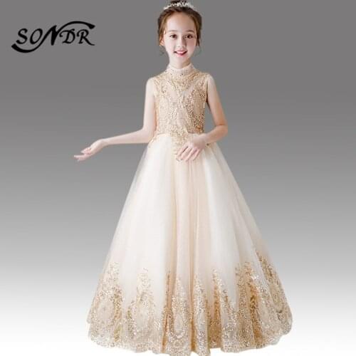 Gold Tulle Flower Girl Dresses HT159 High Collar Elegant Girls Party Gowns Shining Glitter Girls First Holy Communion Dress