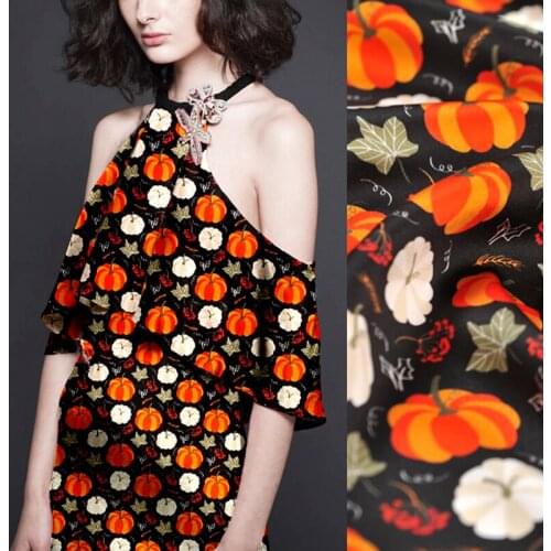 135CM Wide 19MM Pumkins Print 94% Silk & 6% Spandex Strech Silk Satin Fabric for Summer Blouse Dress Pants Cheongsam J032