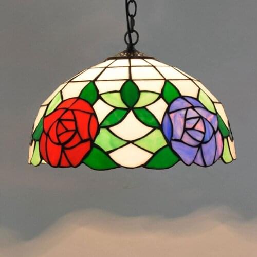 American Pastoral Creative Tiffany Colored Glass Living Room Dining Room Art Glass Red Rose Hanging Lamp 30cm
