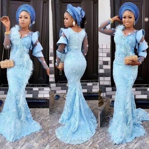 Aso Ebi Style Prom Party Dresses Light Blue Nude Long Sleeves Mermaid With Tassels Appliques Sweetheart Evening Long Gowns