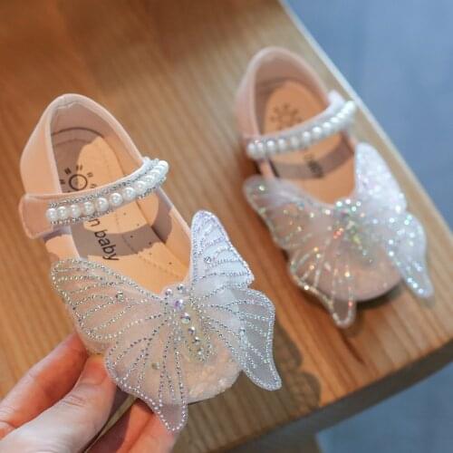 Baywell Autumn Lace Butterfly Rhinestone Bling Pearl Baby Girls Shoes Kids Leather Shoes For Wedding Party Performance Beading