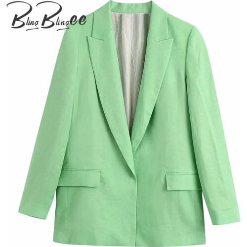 BlingBlingee Green Linen Blazers Summer Autumn Long Sleeve Open Front Woman Casual Loose Suit Jacket Female Coats Tops 2021
