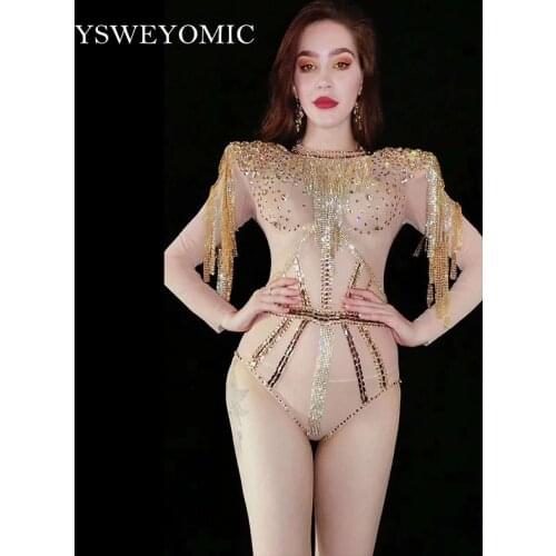 2020 Sparkly Gold Fringes Beading Bodysuit Dance Outfit Evening Stage Sexy Mesh Rhinestones Costume Birthday Bar Women Leotard