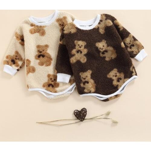 Baby Romper 2021 Autumn Winter Boys Girls Clothes Cartoon Bear Print Long Sleeve Furry Fleece Romper Jumpsuit 0-24M