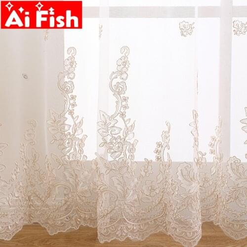 Europe Luxury Three-dimensional Relief Embroidered Beige Tulle Curtains For Living Room Bedroom Windows Sheer Drapes MY329-30