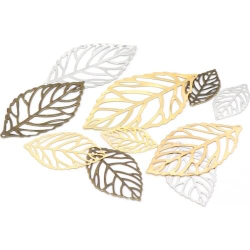24x14mm100pc Gold Sliver BronzeHollow Leaves Filigree Pendant Metal Crafts Charm DIY UV Resin Necklace Jewelry Handicraft Making
