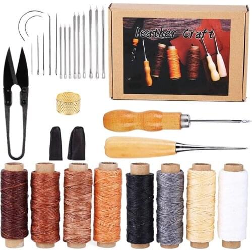 KAOBUY 30Pcs Leather Craft Stitching Kit, Leather Repair Tool With Waxed Thread And Large-Eye Stitching Needles For Beginner