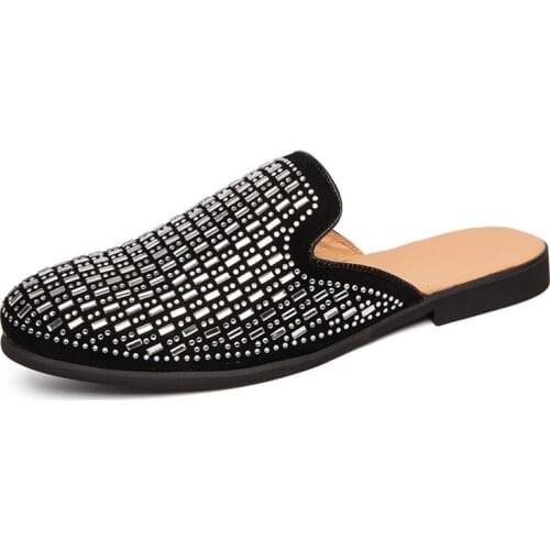 Summer mens mule slippers high quality Rhinestone luxury half shoes mens fashion casual sandals zapatillas hombre zapatos Eu44