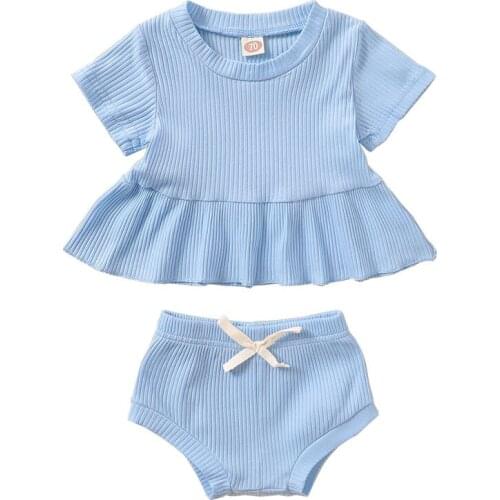 Baby Girl Summer Ribbed Clothes Set Infant Short Sleeve Ruffles Shirt Tops+Shorts Solid Color Casual Outfit for Toddler Girls 6M