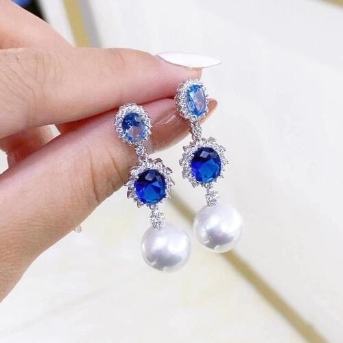 M1120 Solid 925 Sterling Silver Round 9-10mm Nature Fresh Water White Pearls Drop Dangle Earrings for Women Fine Presents