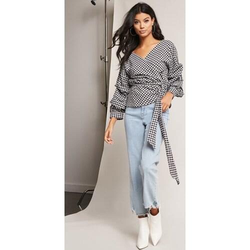 Fashion Women Long Sleeve Deep V-neck Loose Lace Up Plaid Blouse Shirt Tops Girls Shirt Tops Blouses Sexy Womens V-neck Blouses