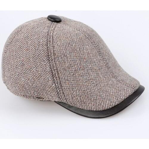 Mens Wool Belend Cashmere Knitted Fabric Hats Newsboy Caps Patchwork Genuine Sheepskin Leather casquette peaked Visors cap