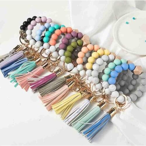 Soft Pottery Beaded Bracelet Keychain Trend Wooden Bead Bracelet Leather Tassel Pendant Jewelry Wholesale