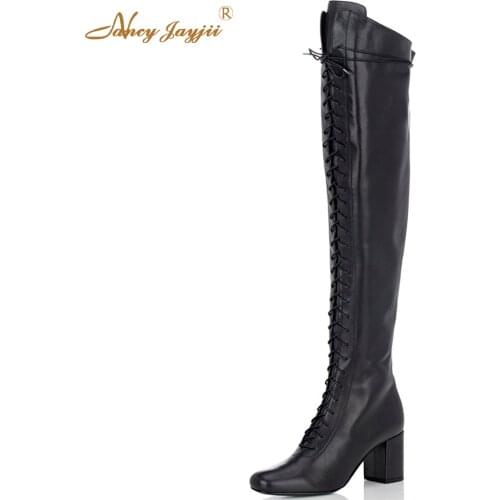 Nancyjayjii Women Winter Black Pleather&Dark Grey Flock Round Toe Square Heels Knee High Boots Shoes for Woman Plus Size 4-16