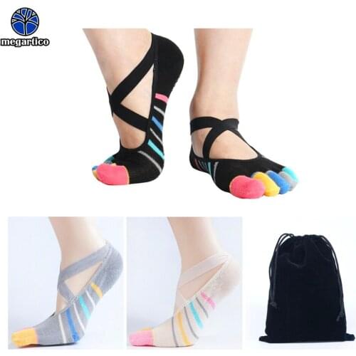 Yoga socks with toes low cut sport socks women Cross Straps striped Non Slip Grips Anti Skid pilates socks Ballet Barre dance