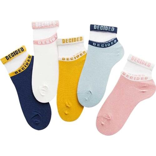 5pairs Women Silk Socks Bright Color With Letters Funny Girls Ladies Socks Summer Autumn Cotton Female Art Sock Meias Calcetines