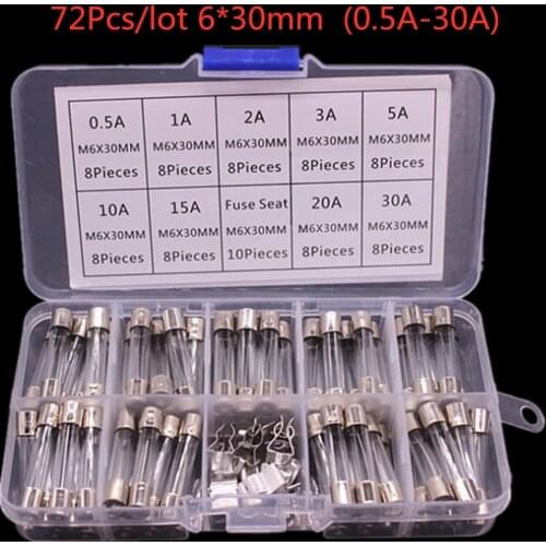 72Pcs/lot 6*30mm Quick Blow Glass Tube Fuse Assorted Kit Fast Blow Glass Fuses 250V (0.5A-30A)