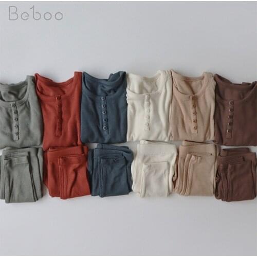 Summer Children Home Suit 2021 New Baby Girls Korean Solid Color Air Conditioning Clothes Pure Cotton Long Sleeve Sets Pajamas